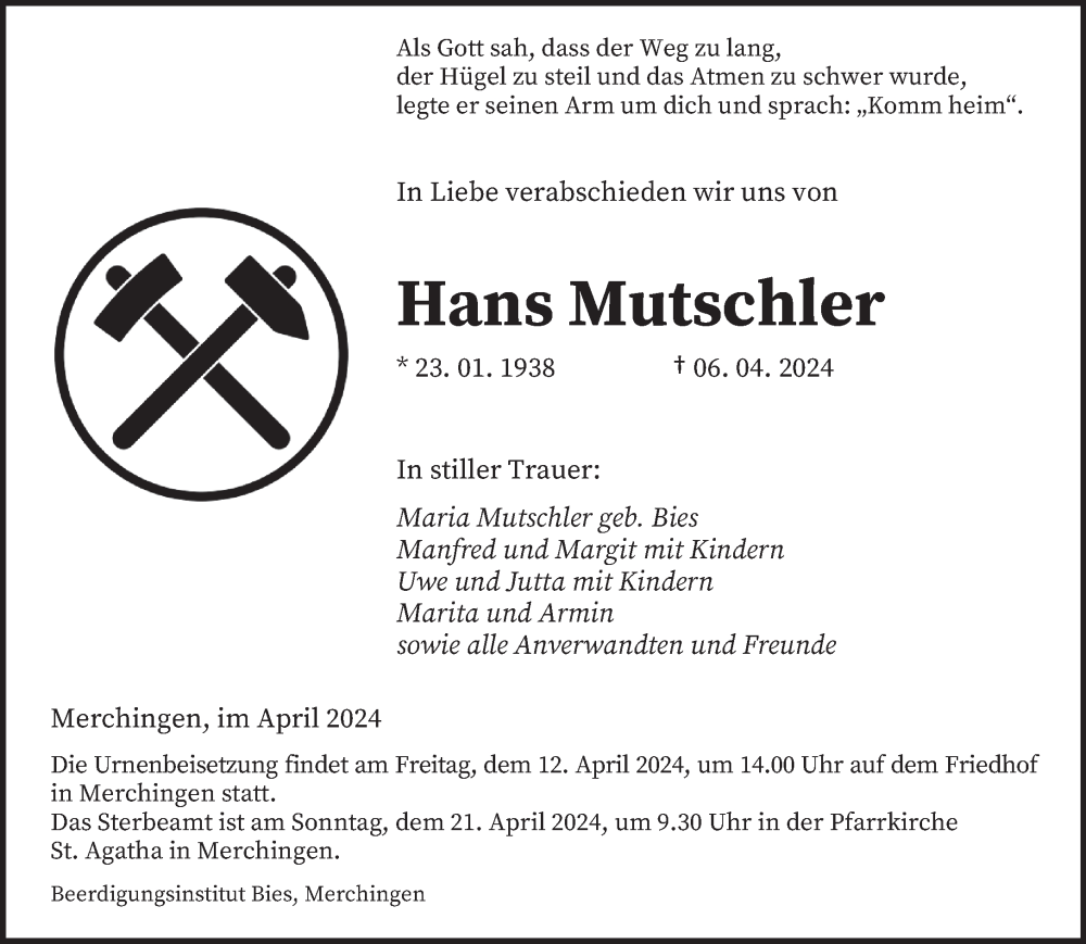  Traueranzeige für Hans Mutschler vom 10.04.2024 aus saarbruecker_zeitung
