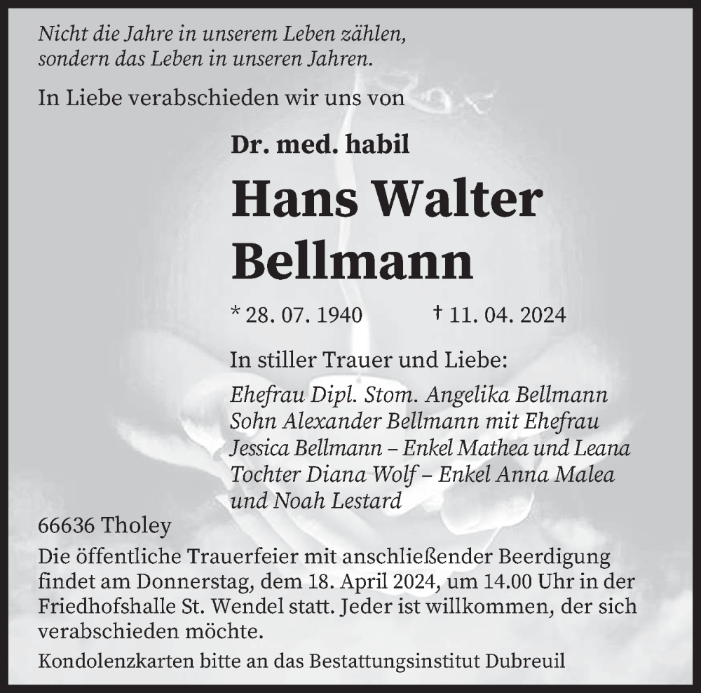  Traueranzeige für Hans Walter Bellmann vom 13.04.2024 aus saarbruecker_zeitung