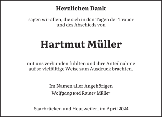 Traueranzeige von Hartmut Müller von saarbruecker_zeitung