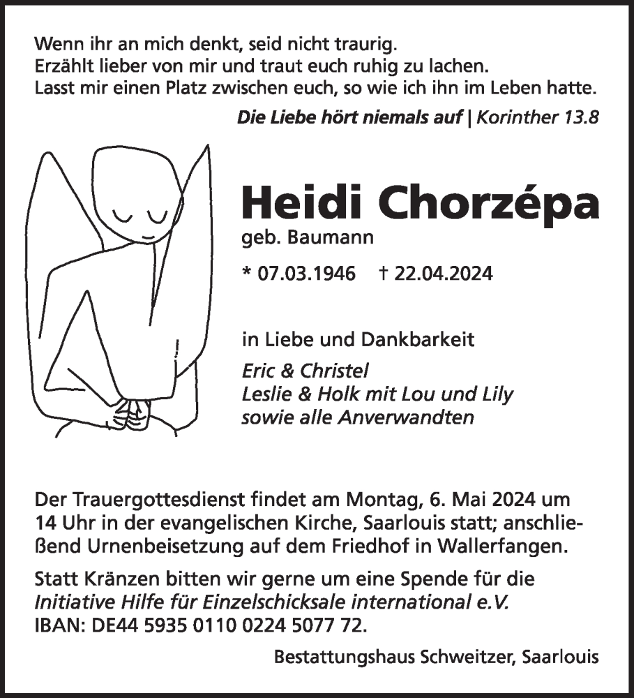  Traueranzeige für Heidi Chorzepa vom 27.04.2024 aus saarbruecker_zeitung