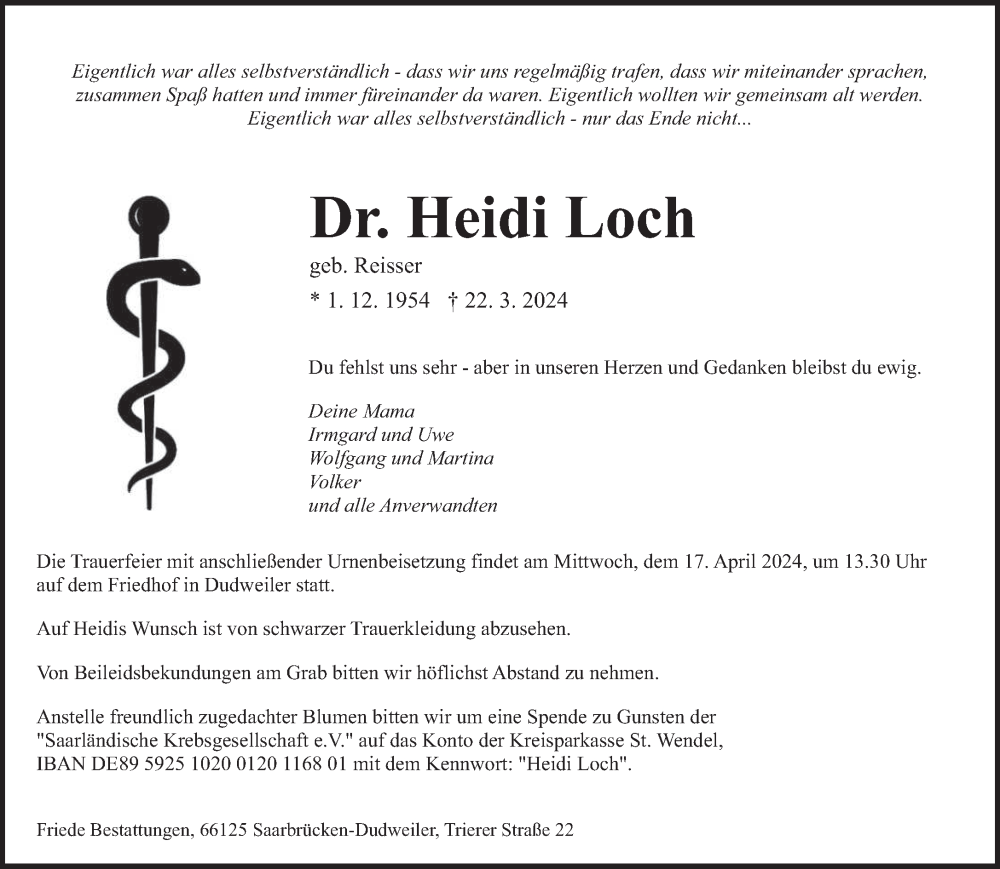  Traueranzeige für Heidi Loch vom 13.04.2024 aus saarbruecker_zeitung
