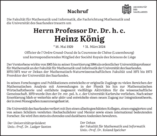Traueranzeige von Heinz König von saarbruecker_zeitung