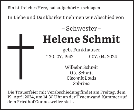 Traueranzeige von Helene Schmit von saarbruecker_zeitung