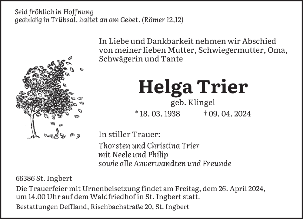  Traueranzeige für Helga Trier vom 20.04.2024 aus saarbruecker_zeitung