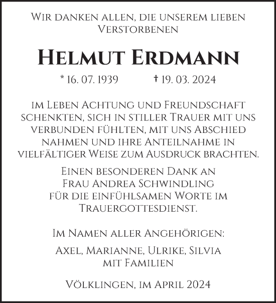 Traueranzeige von Helmut Erdmann von saarbruecker_zeitung