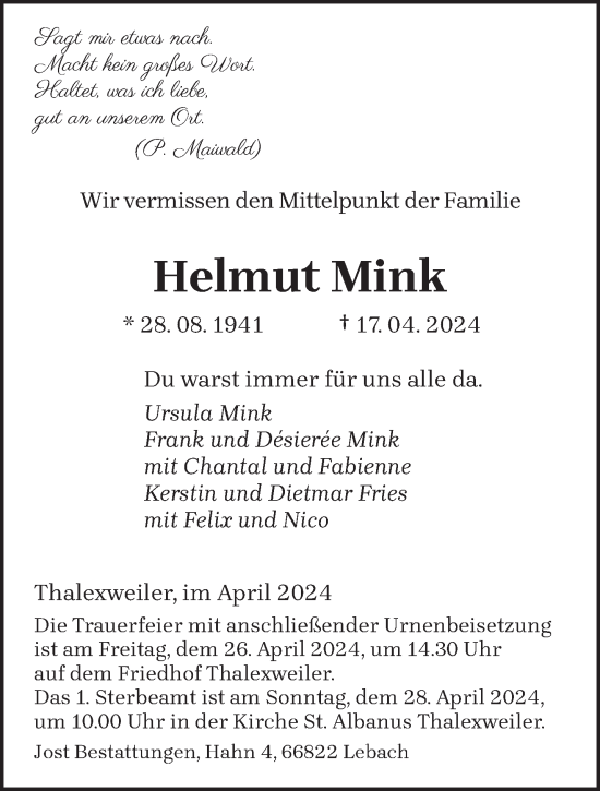 Traueranzeige von Helmut Mink von saarbruecker_zeitung