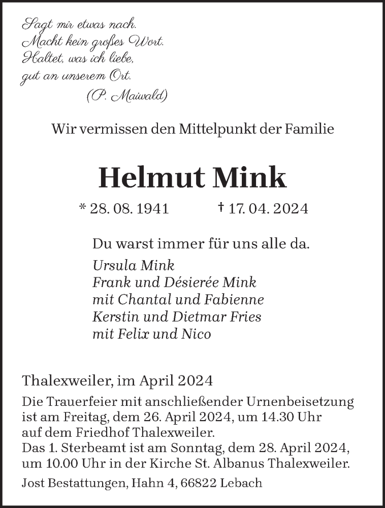  Traueranzeige für Helmut Mink vom 20.04.2024 aus saarbruecker_zeitung