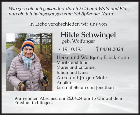 Traueranzeige von Hilde Schwingel von saarbruecker_zeitung