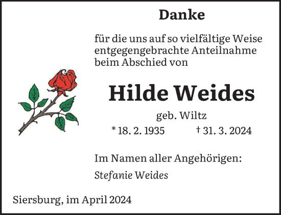 Traueranzeige von Hilde Weides von saarbruecker_zeitung