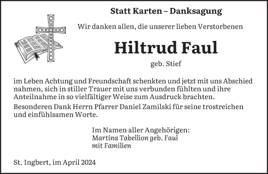 Traueranzeige von Hiltrud Faul von saarbruecker_zeitung