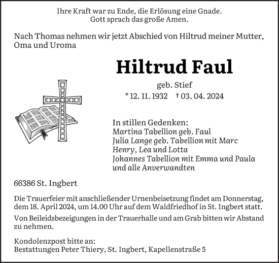 Traueranzeige von Hiltrud Faul von saarbruecker_zeitung