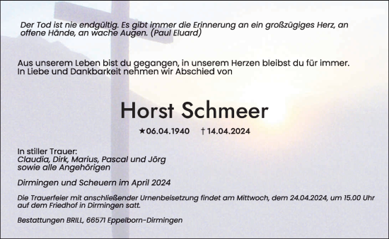 Traueranzeige von Horst Schmeer von saarbruecker_zeitung