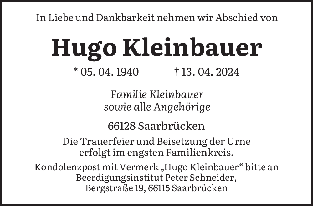  Traueranzeige für Hugo Kleinbauer vom 20.04.2024 aus saarbruecker_zeitung