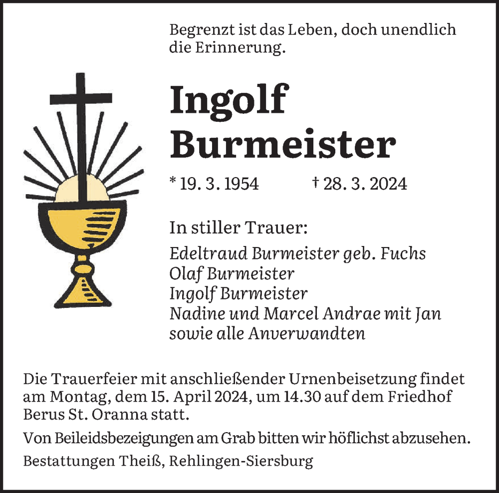  Traueranzeige für Ingolf Burmeister vom 13.04.2024 aus saarbruecker_zeitung