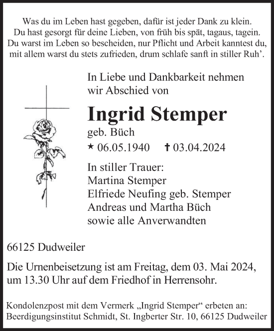 Traueranzeige von Ingrid Stemper von saarbruecker_zeitung