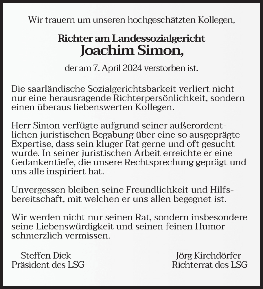  Traueranzeige für Joachim Simon vom 13.04.2024 aus saarbruecker_zeitung