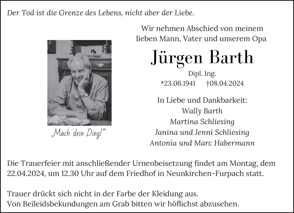  Traueranzeige für Jürgen Barth vom 20.04.2024 aus saarbruecker_zeitung