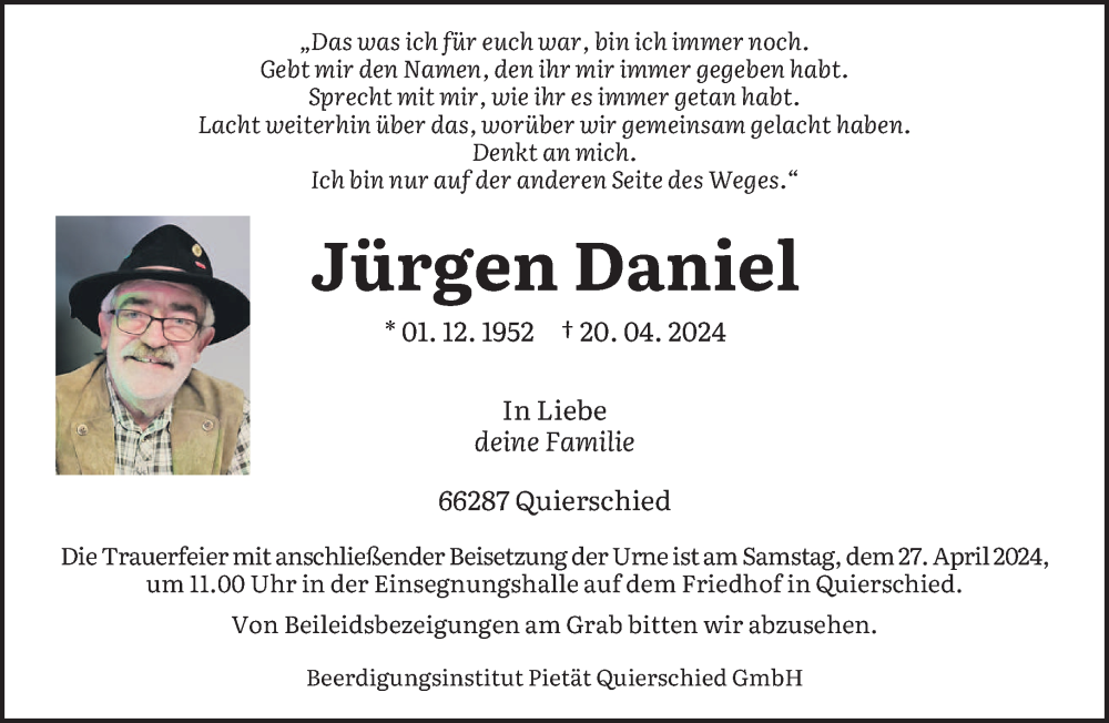  Traueranzeige für Jürgen Daniel vom 24.04.2024 aus saarbruecker_zeitung