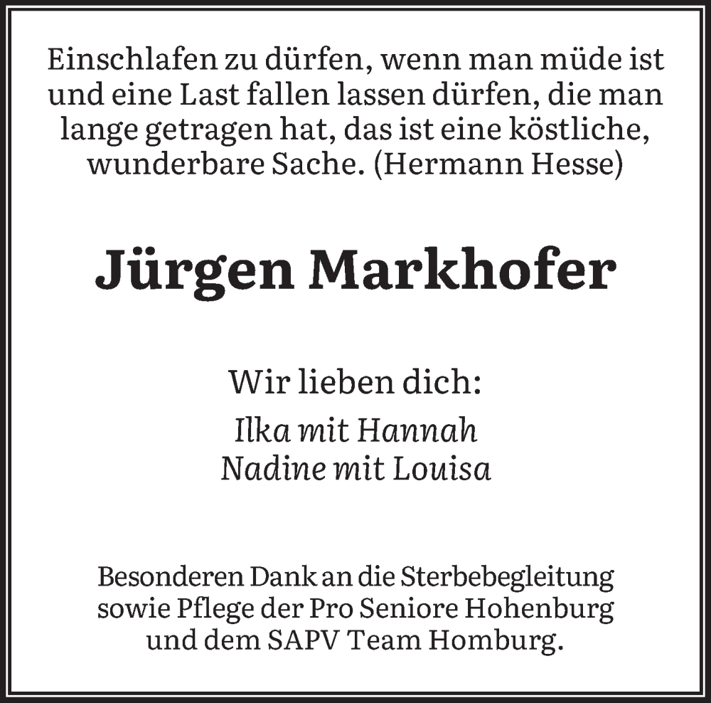  Traueranzeige für Jürgen Markhofer vom 20.04.2024 aus saarbruecker_zeitung