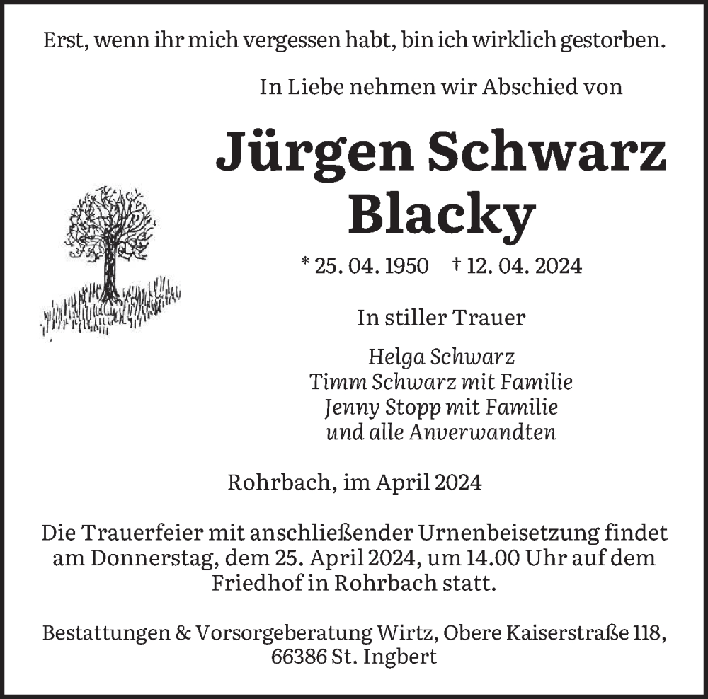  Traueranzeige für Jürgen Schwarz vom 20.04.2024 aus saarbruecker_zeitung