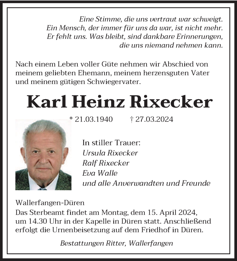  Traueranzeige für Karl Heinz Rixecker vom 06.04.2024 aus saarbruecker_zeitung