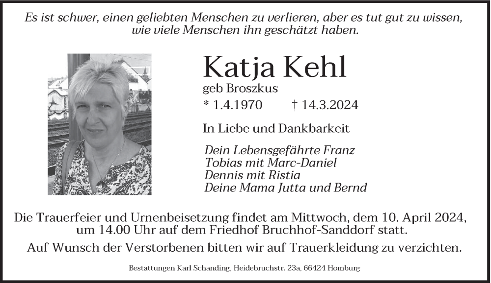  Traueranzeige für Katja Kehl vom 03.04.2024 aus saarbruecker_zeitung
