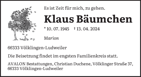 Traueranzeige von Klaus Bäumchen von saarbruecker_zeitung