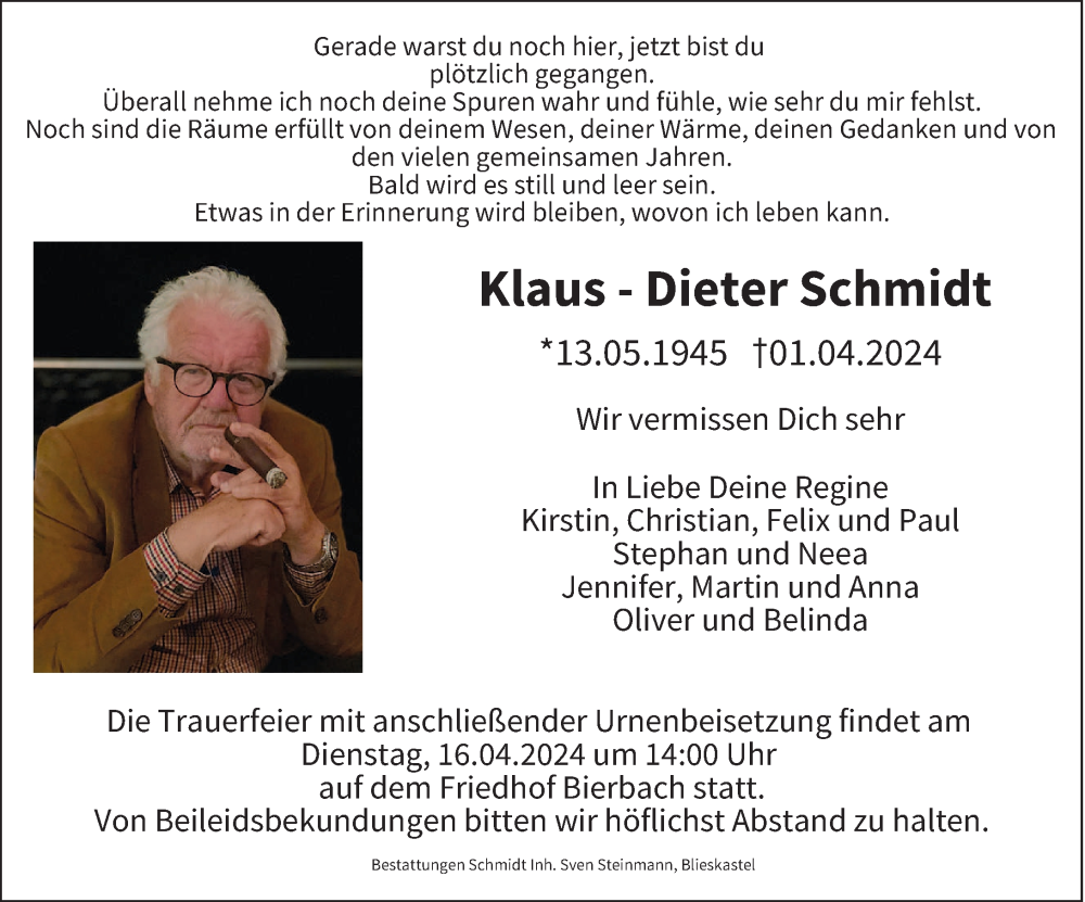  Traueranzeige für Klaus-Dieter Schmidt vom 06.04.2024 aus saarbruecker_zeitung