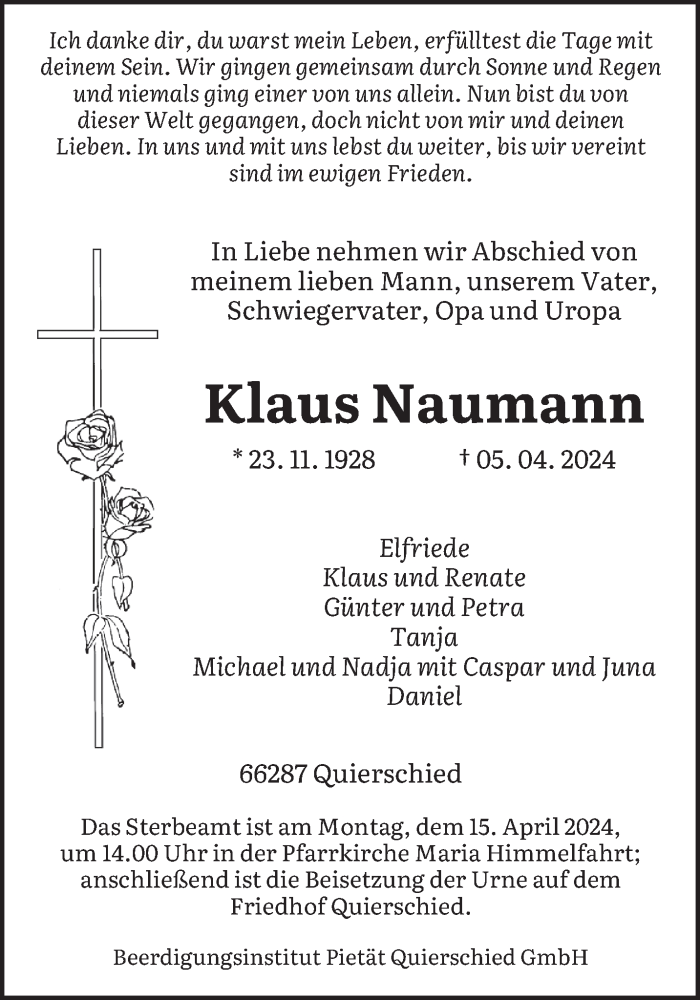  Traueranzeige für Klaus Naumann vom 13.04.2024 aus saarbruecker_zeitung