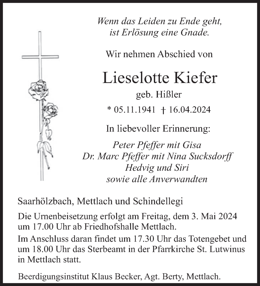  Traueranzeige für Lieselotte Kiefer vom 27.04.2024 aus saarbruecker_zeitung