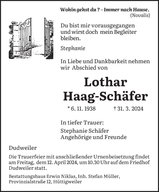Traueranzeige von Lothar Haag-Schäfer von saarbruecker_zeitung