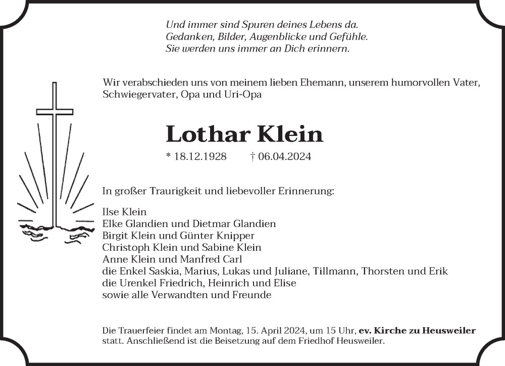  Traueranzeige für Lothar Klein vom 13.04.2024 aus saarbruecker_zeitung