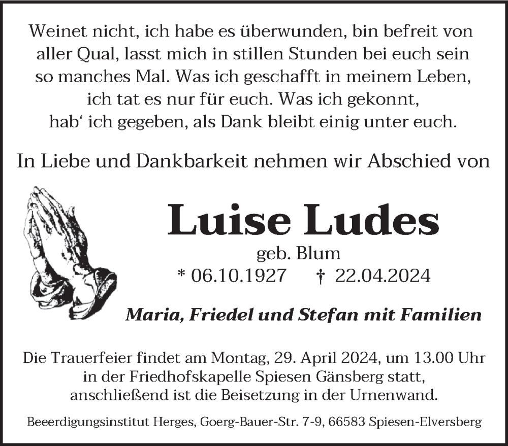  Traueranzeige für Luise Ludes vom 27.04.2024 aus saarbruecker_zeitung