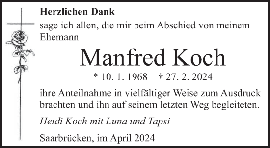 Traueranzeige von Manfred Koch von saarbruecker_zeitung
