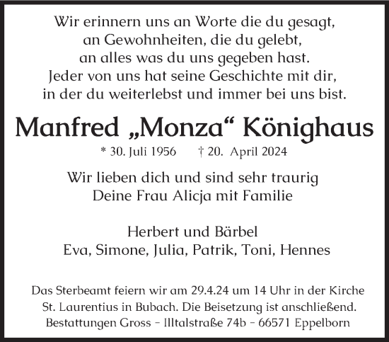 Traueranzeige von Manfred  Könighaus von saarbruecker_zeitung