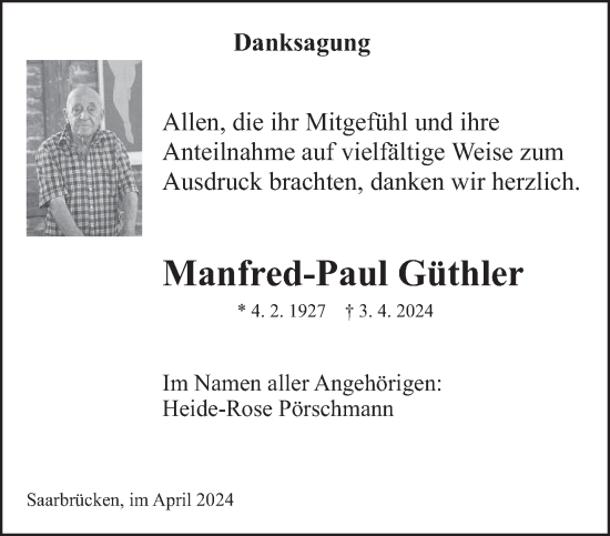 Traueranzeige von Manfred-Paul Güthler von saarbruecker_zeitung