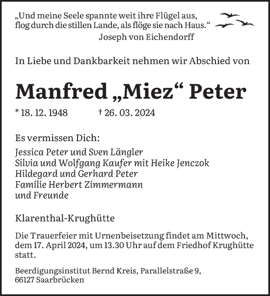 Traueranzeige von Manfred Peter von saarbruecker_zeitung