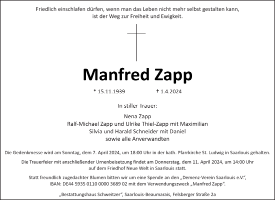 Traueranzeige von Manfred Zapp von saarbruecker_zeitung
