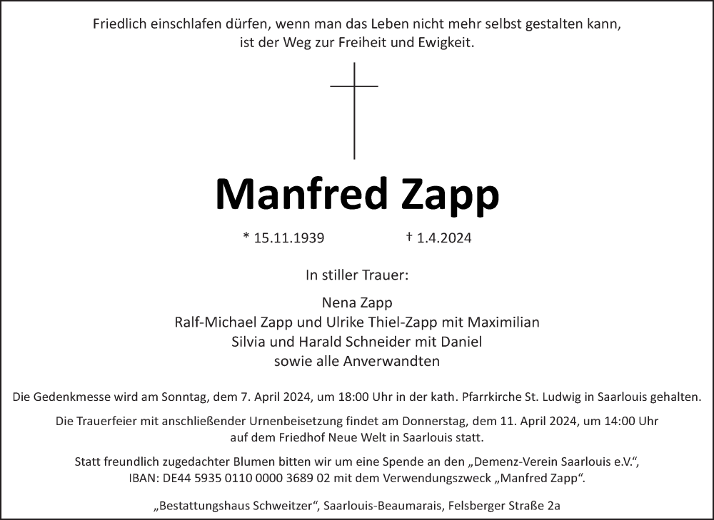  Traueranzeige für Manfred Zapp vom 06.04.2024 aus saarbruecker_zeitung