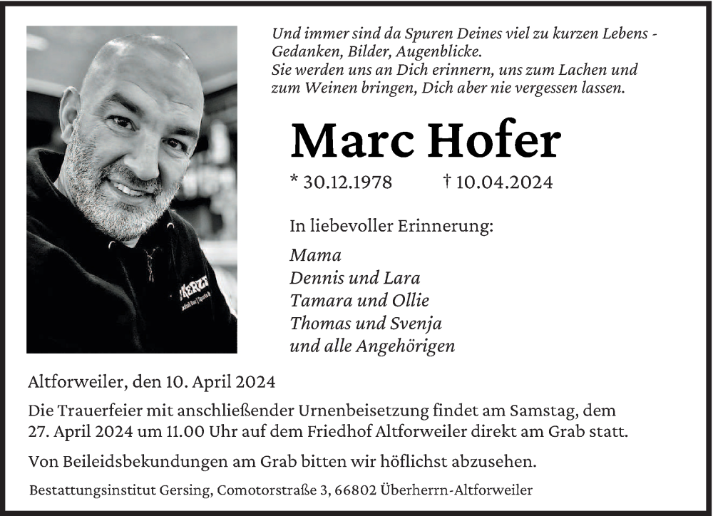  Traueranzeige für Marc Hofer vom 20.04.2024 aus saarbruecker_zeitung