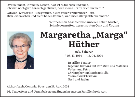Traueranzeige von Margaretha Hüther von saarbruecker_zeitung