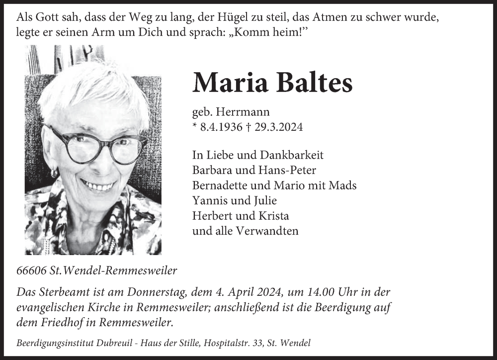  Traueranzeige für Maria Baltes vom 03.04.2024 aus saarbruecker_zeitung