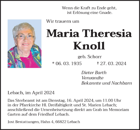 Traueranzeige von Maria Theresia Knoll von saarbruecker_zeitung