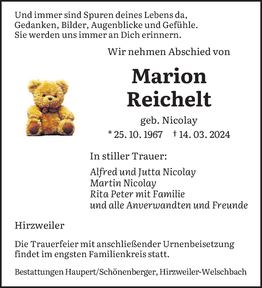  Traueranzeige für Marion Reichelt vom 04.04.2024 aus saarbruecker_zeitung