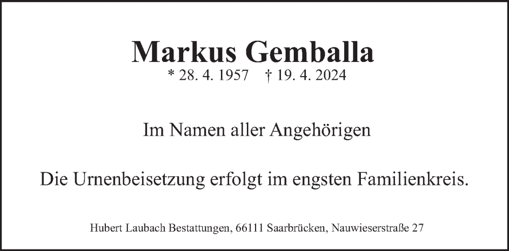  Traueranzeige für Markus Gemballa vom 27.04.2024 aus saarbruecker_zeitung