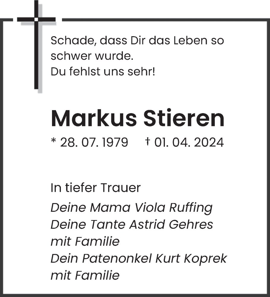  Traueranzeige für Markus Stieren vom 20.04.2024 aus saarbruecker_zeitung