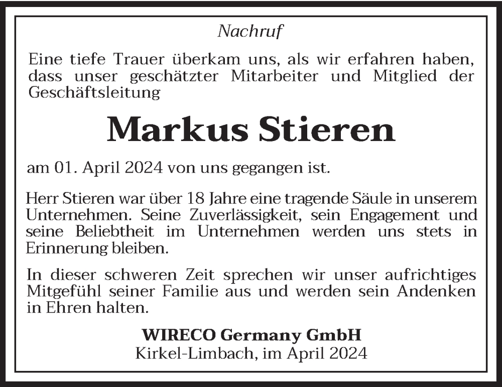  Traueranzeige für Markus Stieren vom 20.04.2024 aus saarbruecker_zeitung