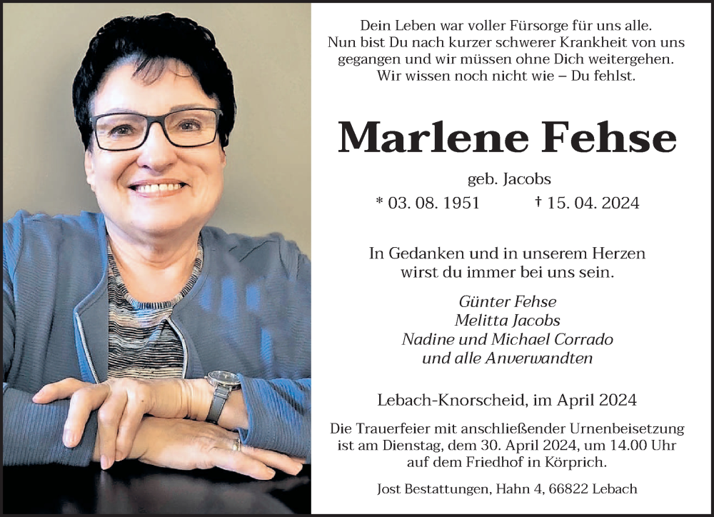 Traueranzeige für Marlene Fehse vom 20.04.2024 aus saarbruecker_zeitung