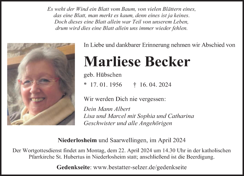  Traueranzeige für Marliese Becker vom 19.04.2024 aus saarbruecker_zeitung
