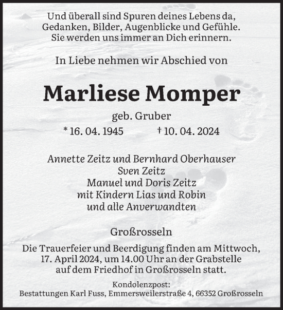 Traueranzeige von Marliese Momper von saarbruecker_zeitung